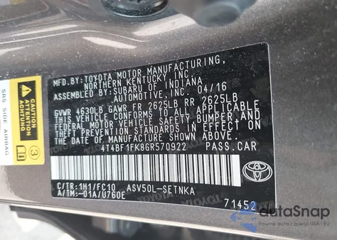 2016 Toyota Camry Le z USA, uszkodzony, nr VIN 4T4BF1FK8GR570922